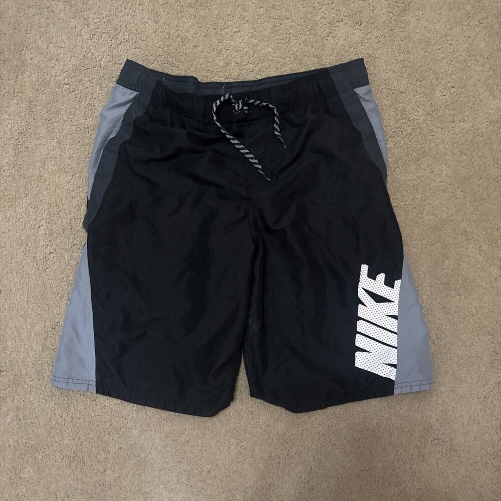 Nike Swim Shorts Mens Small Black Gray Colorblock Lined Quick Dry Board Used